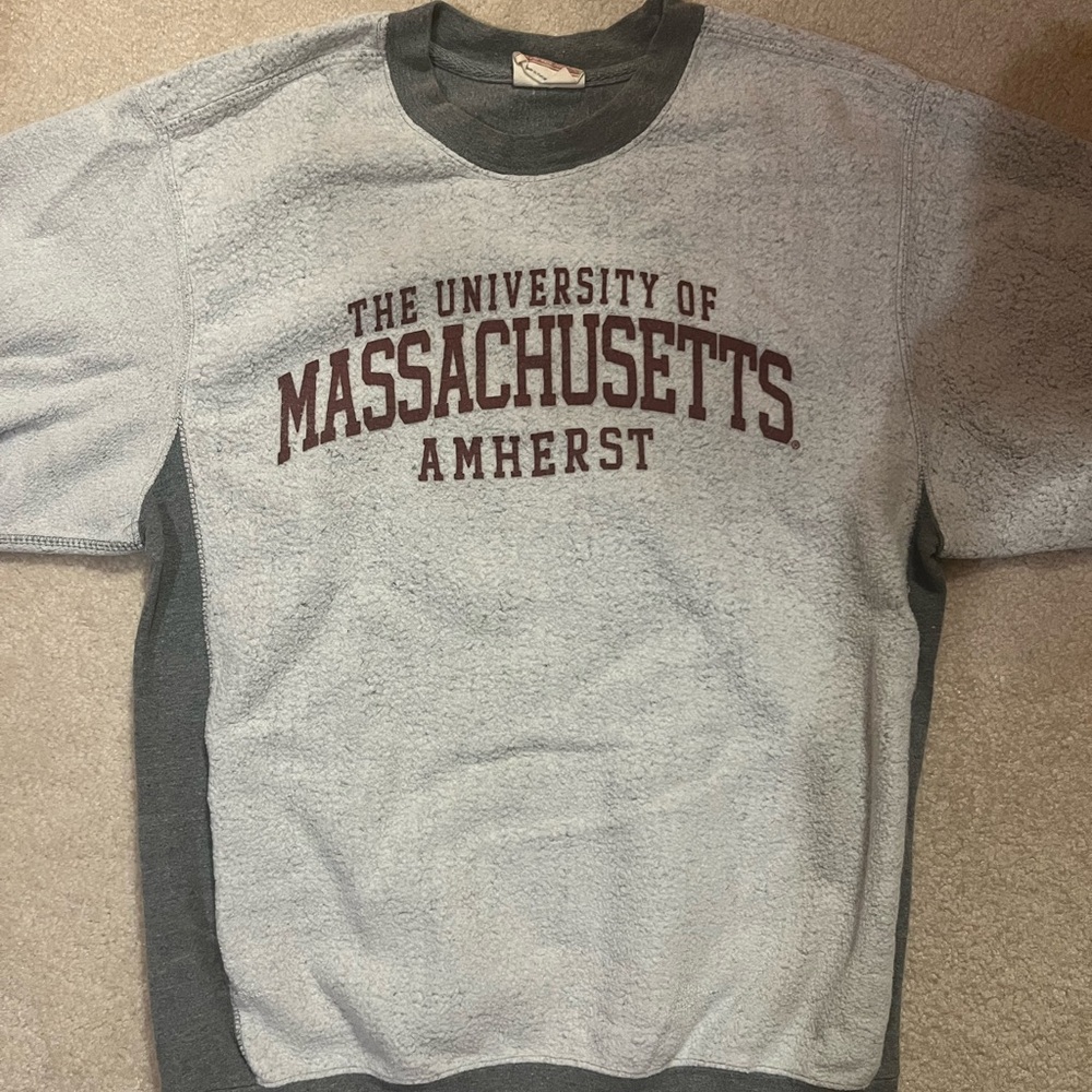 MV Sport Gray Crew Neck Sweatshirt with University of Massachusetts Amherst Text